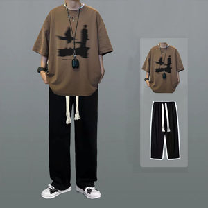 Summer casual short-sleeved suit boys ruffian handsome t-shirt youth set with student sports pants two-piece set
