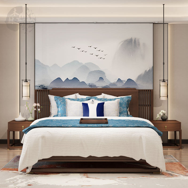 New Chinese-style double bed bedroom all solid wood big bed modern minimalist walnut wedding bed light luxury whole house furniture customization