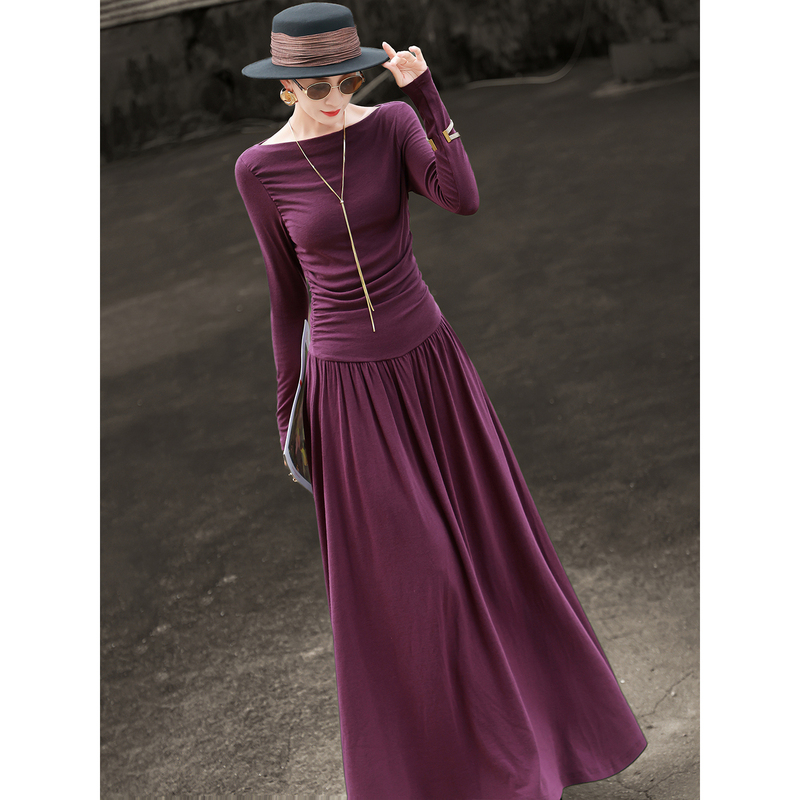 Lanxier 2026 Spring New Elegant French Style Long Dress with Off-Shoulder Collar, Long Sleeves, Ruched Flared Skirt for Women