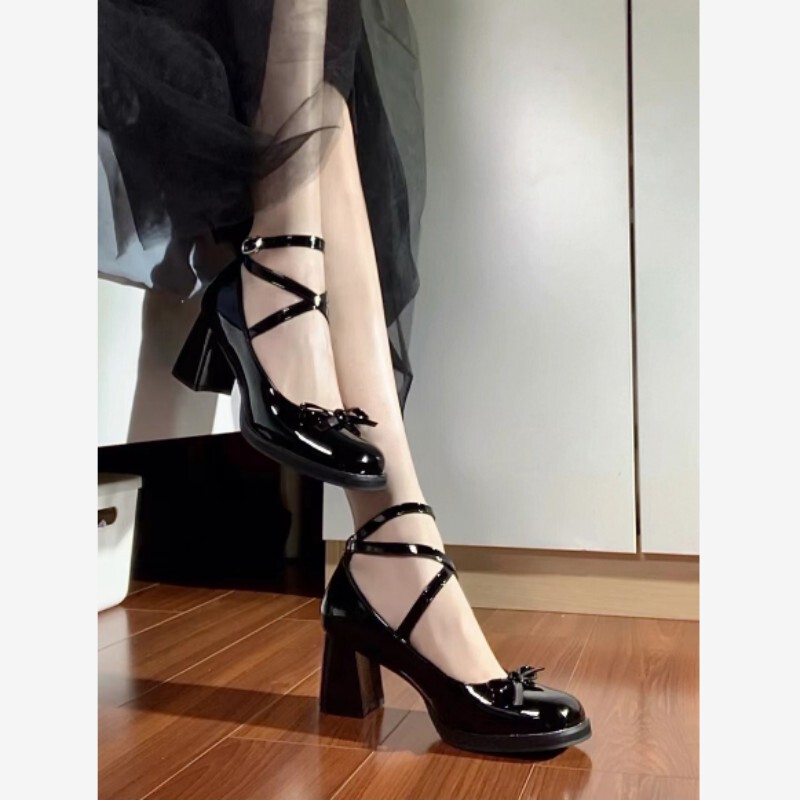 French Mary Jane Shoes for Women, Autumn 2024 New Retro Japanese Style High Heels, Bowknot Loli Thick Heel Black Flats