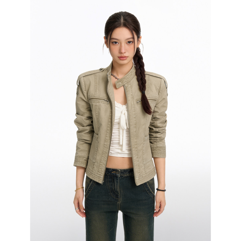 American Retro Stand-Up Collar Distressed Short Denim Jacket for Women, Early Spring, Super Nice and Beautiful, Unique Right-Shoulder Jacket Top