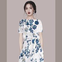 European and American foreign air fashion temperament white printed one-piece dress Women in summer clothes 2021 new cashew slim fit a white dress