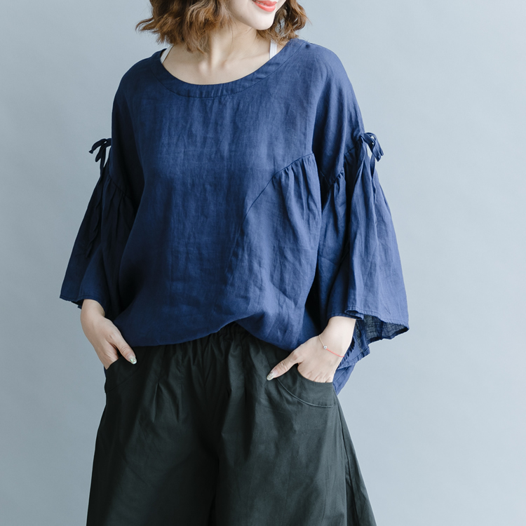 [清 濯] tòa án Retro lá sen lớn tay áo lỏng lẻo bông và vải lanh đầu mùa thu màu xanh hải quân áo sơ mi áo sơ mi hoa cúc