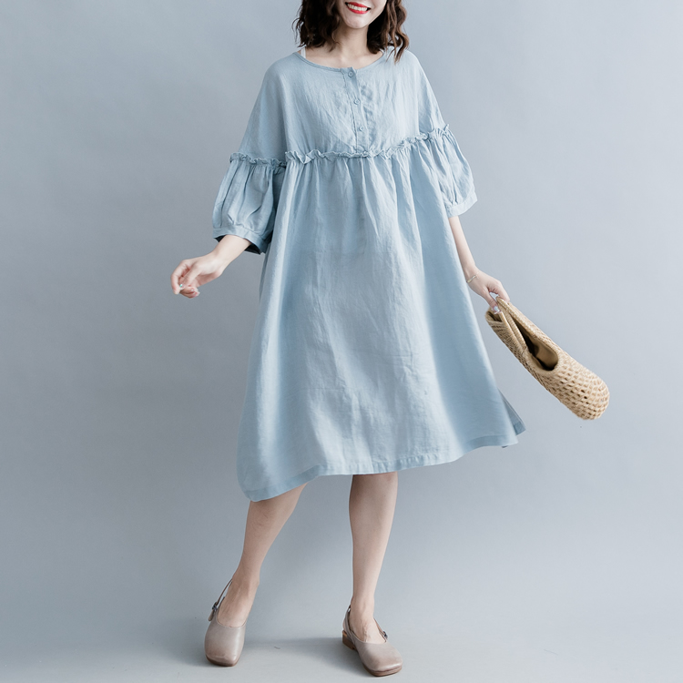[清 濯] Pleated Lantern Sleeve vòng cổ cao eo Casual váy - trắng đầm sơ mi thắt eo