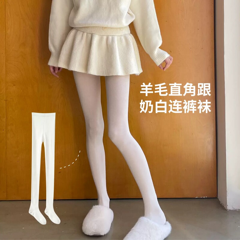 Aytofilms White Wool Pantyhose with Heel for Women, Spring and Autumn Thin Style, Warm Right-Angle Heel, Miu Style Leggings Aytofilms White Wool Pantyhose with Heel for Women, Spring and Autumn Thin Style, Warm Right-Angle Heel, Miu Style Leggings