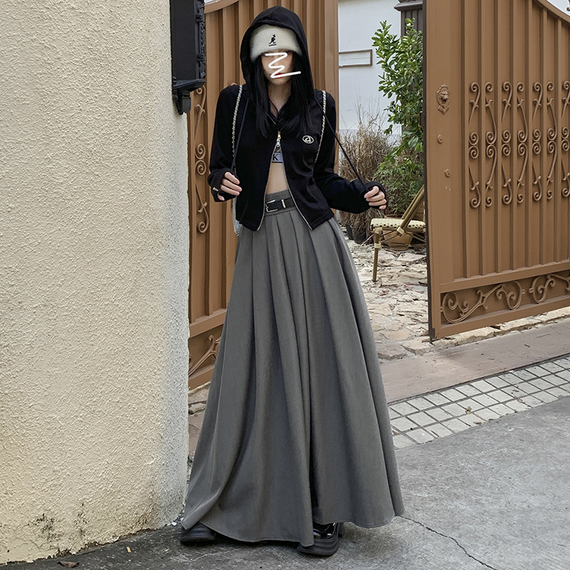 High-End Gray Suit Pleated Skirt, Fashionable High-Waisted Slimming Drapey A-Line Midi Skirt High-End Gray Suit Pleated Skirt, Fashionable High-Waisted Slimming Drapey A-Line Midi Skirt