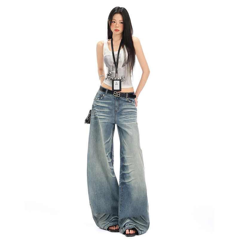 Bfre Seamless Three-Dimensional Whiskered Casual Denim Blue Wide-Leg Pants, Denim Blue Extended Length, Bfre American-Style Scimitar