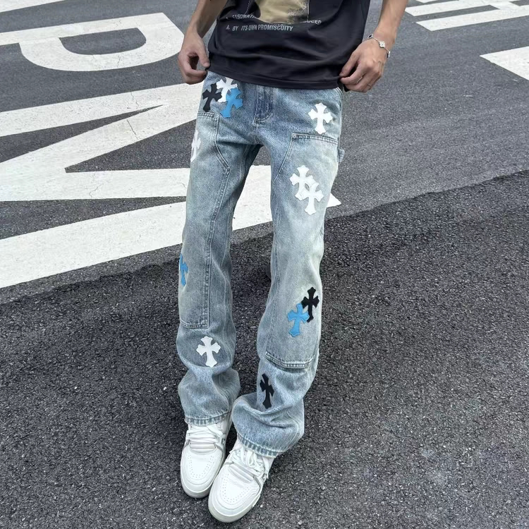 American High Street Cross Leather Label Workwear Jeans Unisex Trendy Retro Straight Loose Casual Long Pants