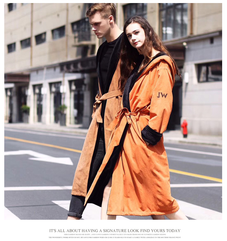 Jw Designer Hooded Robe for Couples, Long Flannel Coat, Men's Bathrobe, Women's Warm Loungewear, Trendy