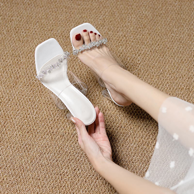 Tie You In: Women's Summer Outdoor Sandals with Rhinestones, Open-Toe, Transparent, Single Strap, Crystal Chunky Heel, Sexy High Heels