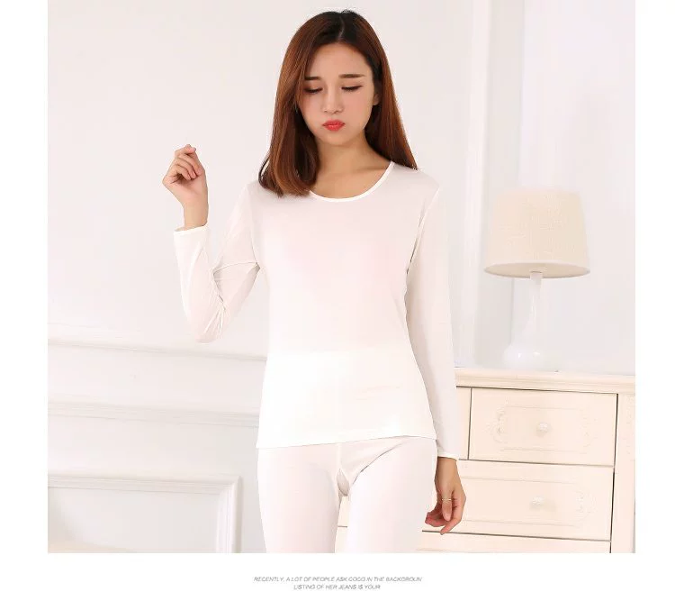 Mùa thu và mùa đông đan lụa nữ quần áo mùa thu quần dài Phần mỏng cộng với cotton rắn màu cổ tròn đồ lót nhiệt đặt đáy do bo