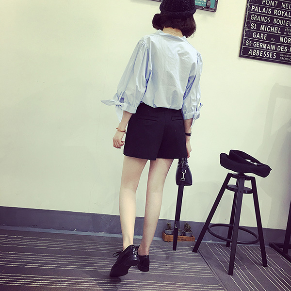 2018 mùa xuân mới của phụ nữ Hàn Quốc phiên bản của văn học tươi sọc dọc lỏng mỏng V-Cổ áo thun áo sơ mi nữ sơ mi tay ngắn