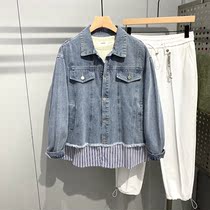 Splicing Fake two Jeans Jacket Man Fall Tide Sign Port Wind Loose Tide 100 hitch Casual Turnover Tooling Jacket