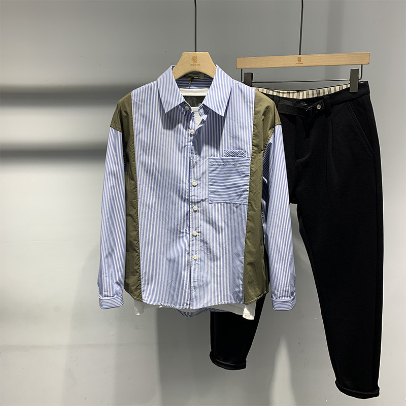 Spring men's stitching vertical striped long-sleeved shirt men's ruffian handsome ins tide brand Hong Kong style Japanese loose shirt jacket