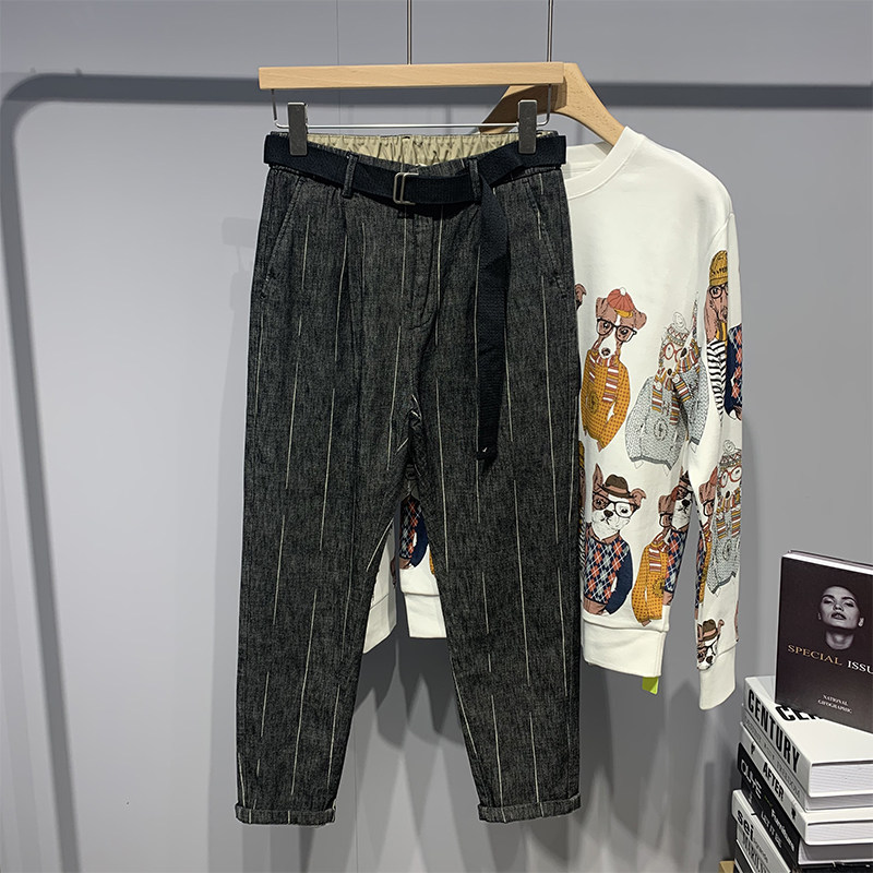 Autumn Nets Red Striped Casual Pants Men Loose small footed Harlan pants Day Retro Tide Cards 100 Lap Nine Pants