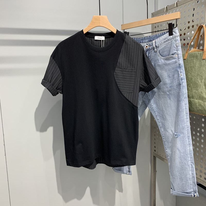 Day Ensemble Stripe Splicing Short Sleeve T-Shirt Male Summer New Fashion Trends Han Prints 100 lap net red loose T-shirt