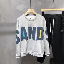 Net red grey printed necropolis for mens autumn dinghy with ruffled friezzard Fried Street Loose 100 lap collar No hat Long sleeve t-shirt