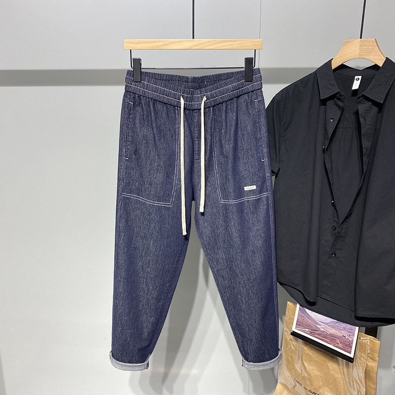 Tide-card ruffes handsome loose waist blue jeans Men's spring days retro loose 100 lap individuality Fashion handsome pants