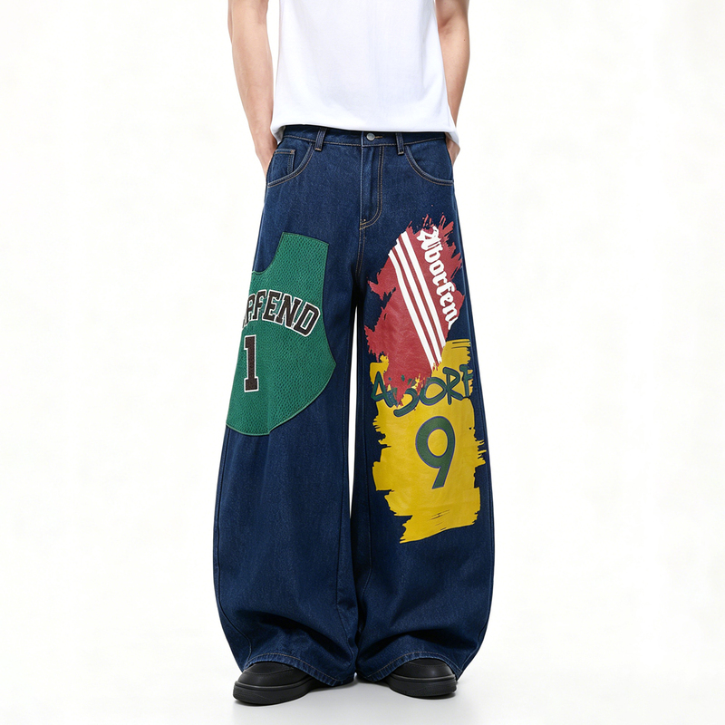 51 Hip-Hop [Same Style as Zhao Lusi] Color-Block Patchwork Graffiti Print Street Style Scimitar Patch Jeans