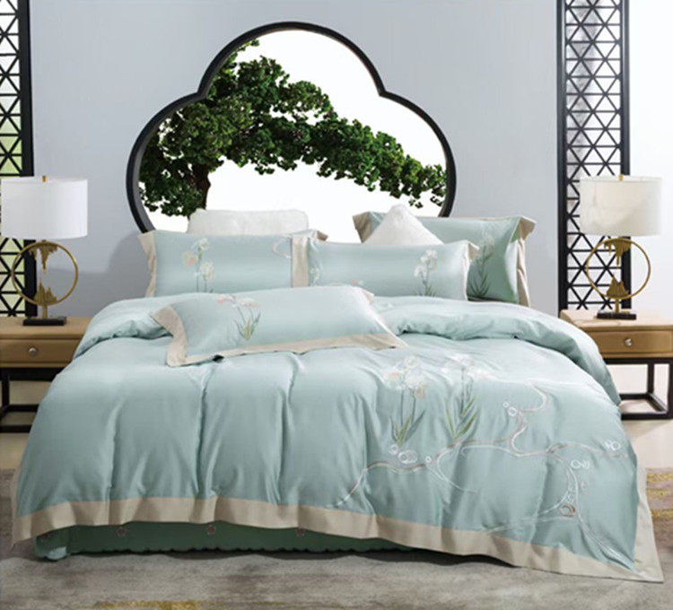 New 100 pcs Tencel Embroidered Satin Four-piece Bed Package Set Double-sided Cool Feeling Skin-Friendly Silky Simple European-style Bedding
