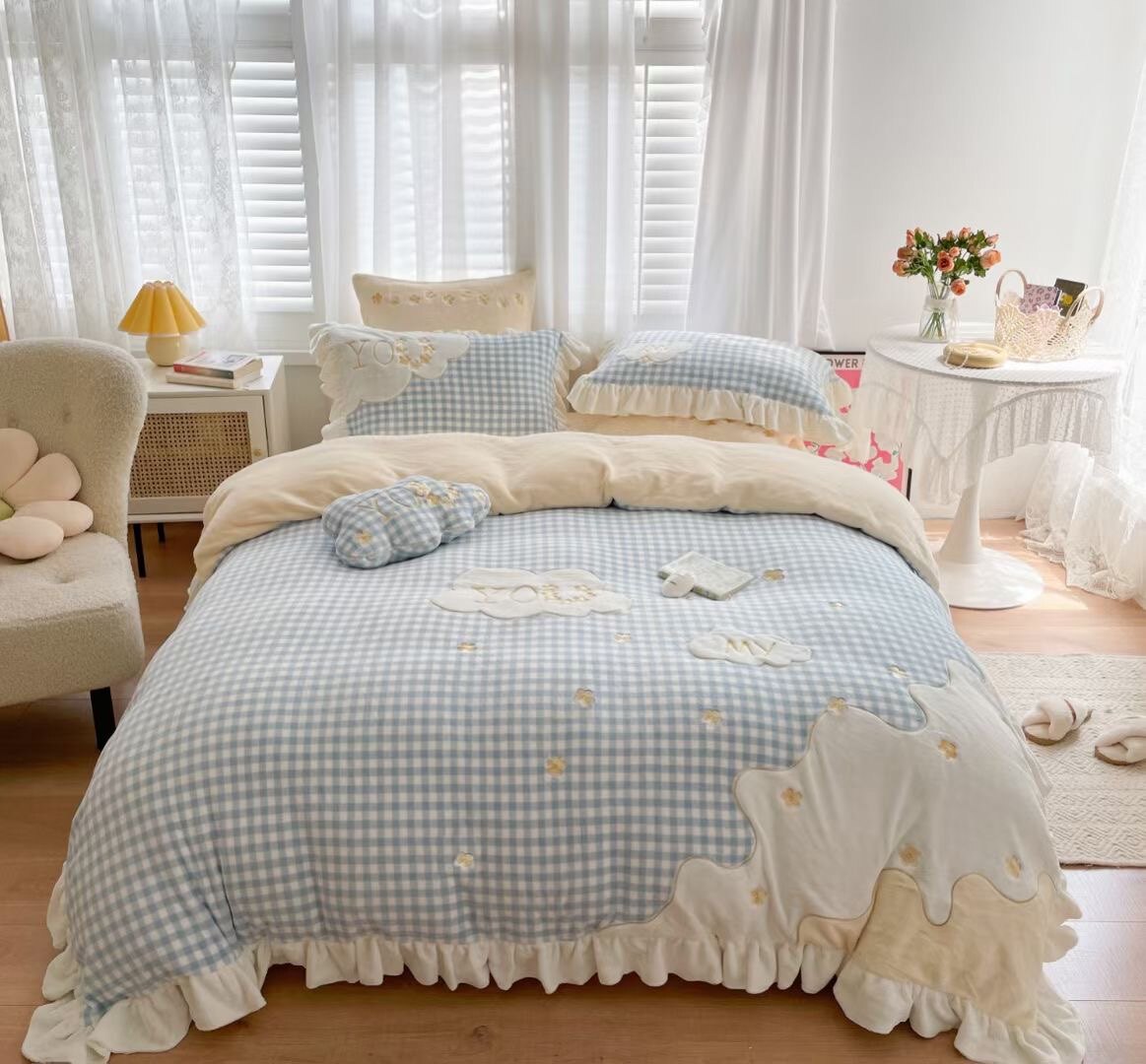 High Dingins Ins Wind Milk Suede Warm Four Sets Lotus Leaf Side Embroidery Suede Bed Linen Quilt Cover 1 8 Bed Little Fresh