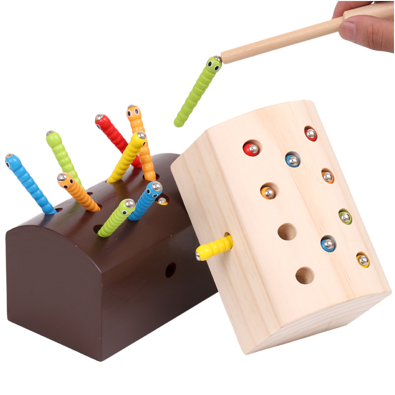 Children's wooden magnetic insect catching game fishing bug toy kindergarten construction area Montesori early education educational aids
