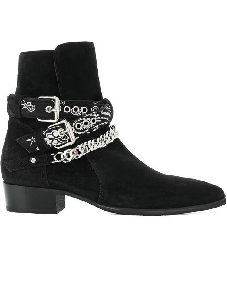 CHELSEA BOOTS MENS AUTUMN AND WINTER 2024 EUROPE AND THE UNITED STATES FASHION PERSONALITY NUBUCKLE POINTED TOE WAIST FLOWER CHAIN MARTIN BOOTS TIDE