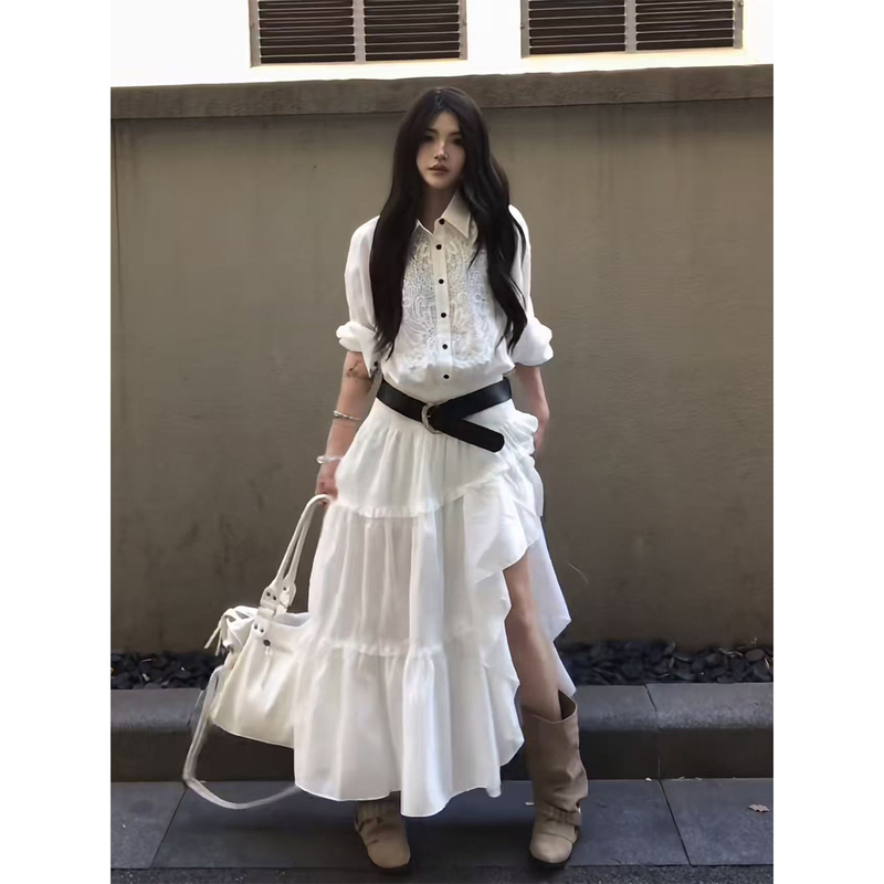Korean-Style Preppy White Shirt Dress for Women, Autumn High-Fashion Outfit, Waist-Cinching Irregular Lace Long Dress Korean-Style Preppy White Shirt Dress for Women, Autumn High-Fashion Outfit, Waist-Cinching Irregular Lace Long Dress