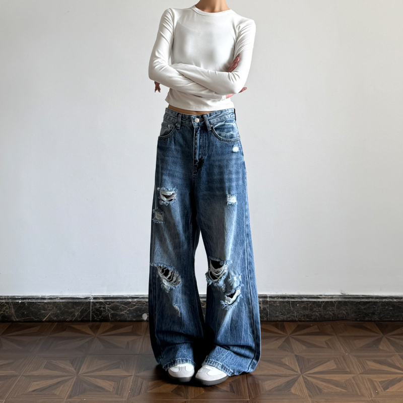 Neut American Retro Ripped Jeans Summer High Street Distressed Loose Wide-Leg Straight Floor-Length Lightning Pants for Women