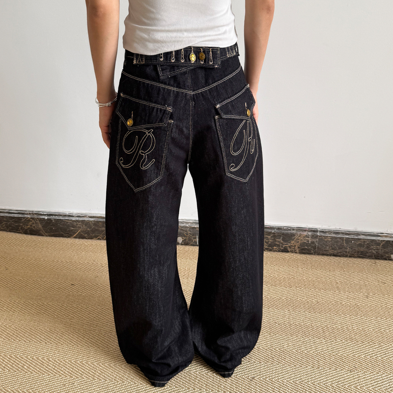 Neut American-Style Raw Black Denim Jeans Cleanfit High Street Retro Washed Embroidered Paris Buckle Long Pants
