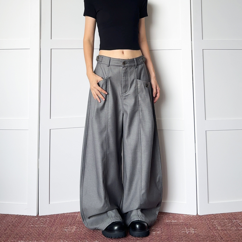 Momtc Simple Commuter Old Money Style Gray Curved-Cut Trousers with Segmented Structure Lines Cleanfit Wide-Leg Long Pants