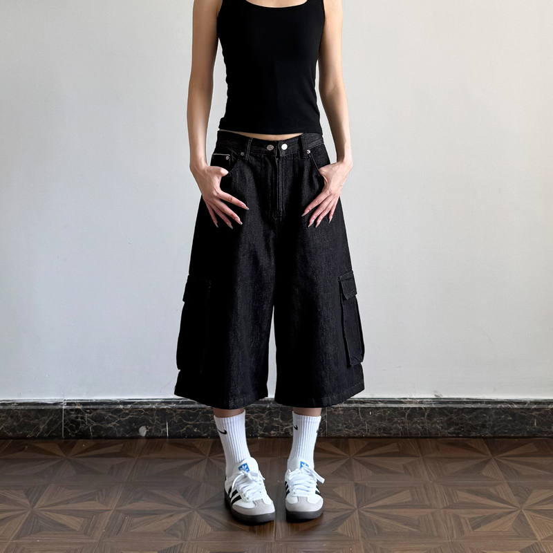 Neut American Retro Denim Black Cropped Work Pants Cleanfit Straight Loose Wide-Leg 7/8 Pants