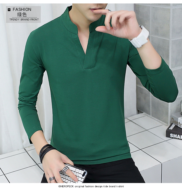 Quần áo mùa xuân và mùa thu nam áo thun dài tay nam 丅 cotton cổ chữ V xu hướng áo sơ mi chạm đáy trên quần áo trục dài bên ngoài đất ao phong nam