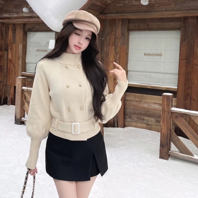High-Neck Double-Breasted Knitted Sweater for Women with Retro Design, Waist-Cinching, Slimming and Lazy Style Top