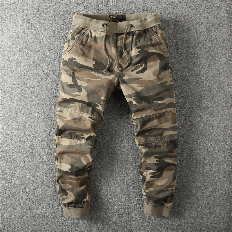 American Classic Military Camouflage Jogger Pants, Pure Cotton Washed Men's Cargo Pants with Tapered Cuffs, Trendy Slim Fit
