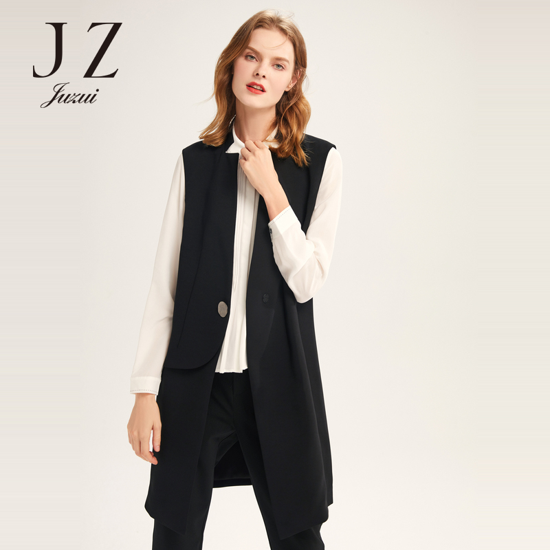 JUZUI thu Outfit mới Đen Stand-up không tay dài ngựa Clip Outer Pocketless