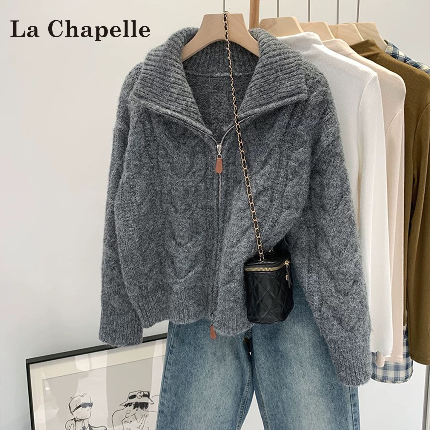 La Chapelle, серый свитер с лацканами и двойной молнией, женская куртка, весна 2026, новый толстый вязаный кардиган, топ