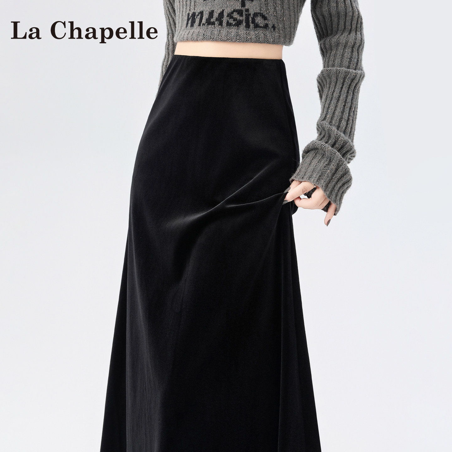 La Chapelle, черная, золотистая, бархатная юбка, женская, весна 2026, новинка, высокая талия, юбка-зонтик для похудения, юбка-сумка на бедрах