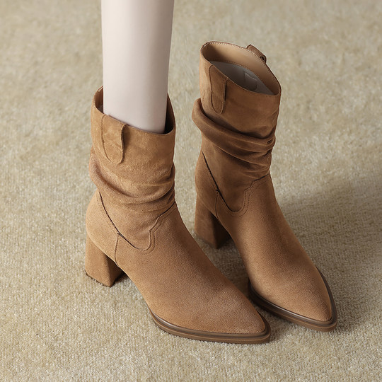 Genuine Leather Maillard Autumn Style Super Popular French Street Style Short Boots for Women 2025 Autumn and Winter New High-Heeled Mid-Calf Fashion Boots