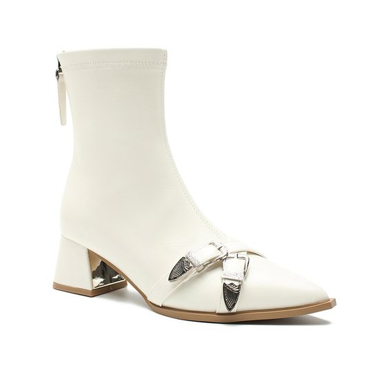 Genuine Leather High-End French Style Pointed Toe High-Heeled Short Boots for Women 2025 Autumn and Winter New Style White Fashion Boots