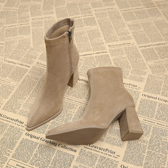 真皮法式尖头绒面法式名媛小短靴女2025秋冬季粗跟瘦瘦洋气高跟鞋