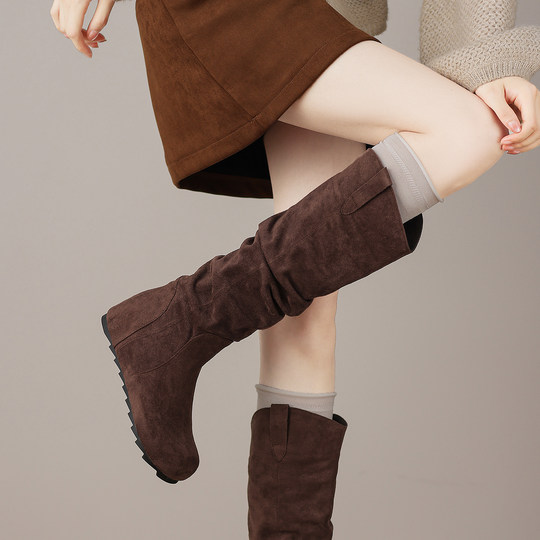Genuine Leather Inner Height-Increasing Knee-High Pleated Long Boots for Petite Women, 2025 Autumn and Winter European and American Style High Boots