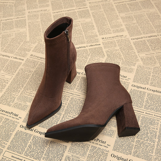 真皮法式尖头绒面法式名媛小短靴女2025秋冬季粗跟瘦瘦洋气高跟鞋