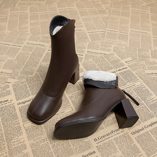 Genuine Leather, Very Stylish, Fleece-Lined, Fashionable High-Heeled Short Boots for Women, Cotton Shoes, 2025 Autumn and Winter New Model, Warm Furry Snow Boots