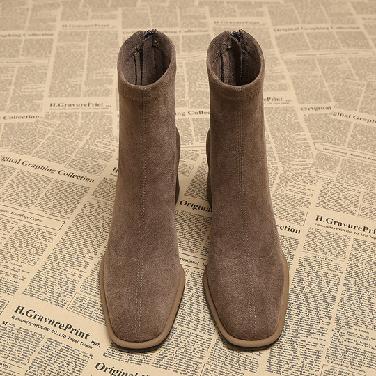 French-Style Spring and Autumn Chunky Heel Suede Ankle Boots for Women, Korean Style Short Boots, 2025 Early Autumn Matte Single Boots, Autumn and Winter High Heels