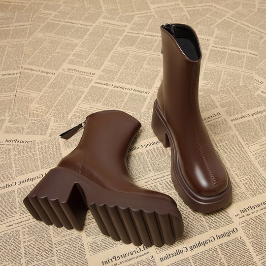 Genuine Leather Platform High-Heeled Super Popular Short Boots for Women, Trendy in 2025 Autumn and Winter, New European and American Style Thick-Soled Boots