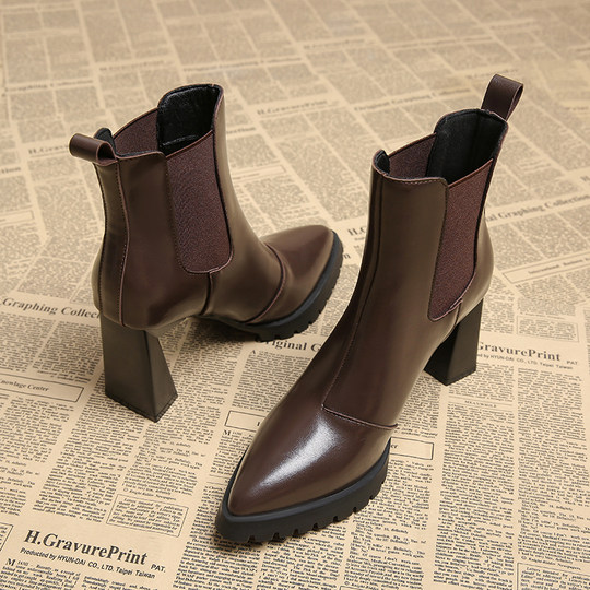 Genuine Leather, Very Stylish French Pointed-Toe Early Autumn High-Heeled Ankle Boots for Women, 2025 Autumn and Winter New Chelsea Style High-Heeled Shoes