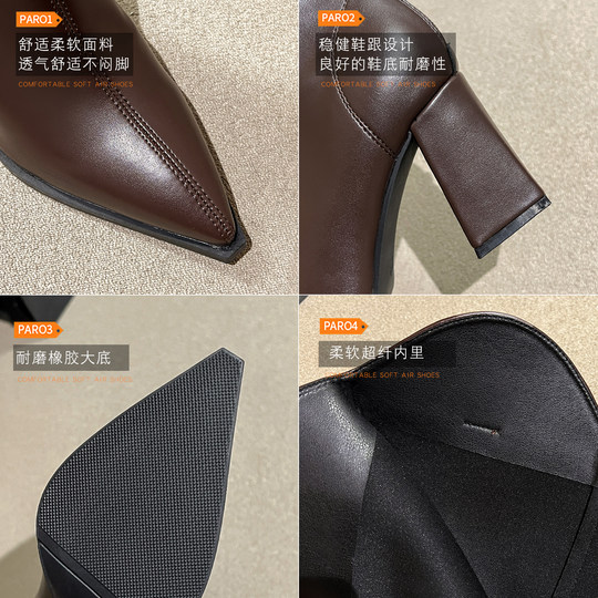 Genuine Leather European and American Style Pointed Toe Long Boots for Women 2025 Autumn and Winter New Style Winter V-Cut Chunky Heel Elegant French High Boots