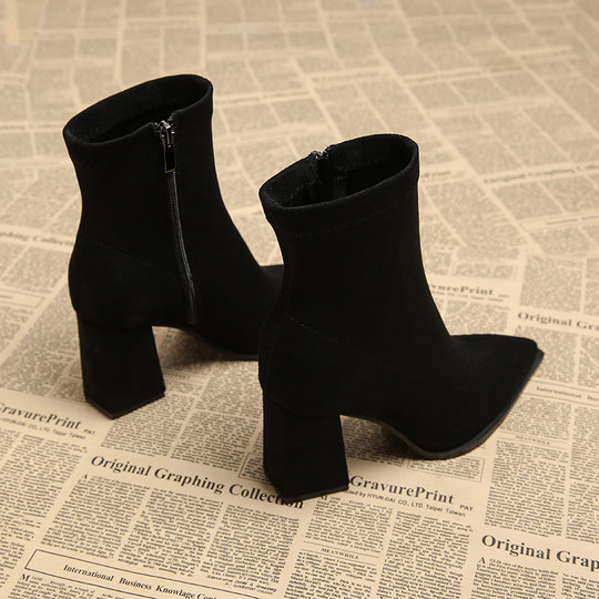 真皮法式尖头绒面法式名媛小短靴女2025秋冬季粗跟瘦瘦洋气高跟鞋