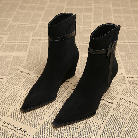 Genuine Leather Wedge Heel Height-Increasing Early Autumn Stylish Short Boots 2025 Autumn and Winter Stunning French Socialite Women's Boots